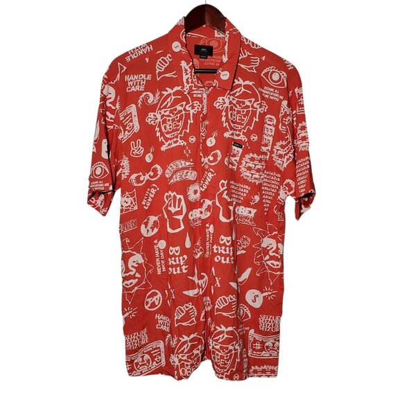 Obey Worldwide Button Up Shirt Men's L Red Viscose AOP Abracadabra Monster - Picture 1 of 8